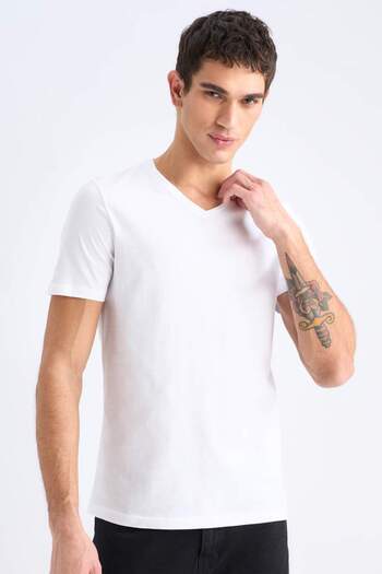 DeFacto Slim Fit tričko s výstřihem do V Basic Bavlněné česané bavlněné tričko M7668AZ21SP