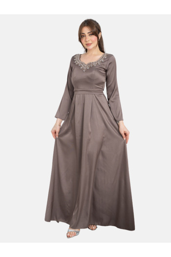 Nice Model Elegant Taupe Maxi Dress with Crystal Embellished Neckline - Long Sleeve Formal Evening Gown