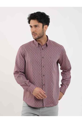 Dufy Burgundy Men's Regular Fit Patterned Buttoned Collar Long Sleeve Shirt