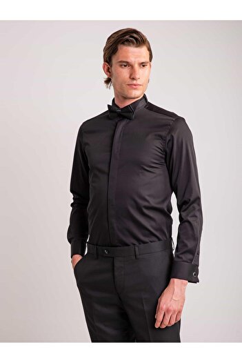 Dufy Black Men's Slim Fit Straight Collar Long Sleeve Shirt