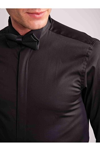 Dufy Black Men's Slim Fit Straight Collar Long Sleeve Shirt