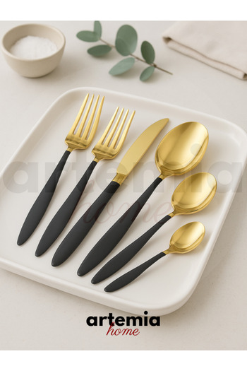 DMR LİFE 90 Piece Gold Dine Black Handle Fork/Spoon/Knife Set Stainless Steel 18/10
