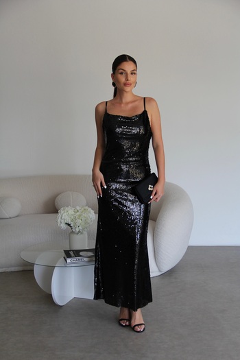 Julidress Black Sequined Strapless Neckline Lined Maxi Long Length Premium Dress
