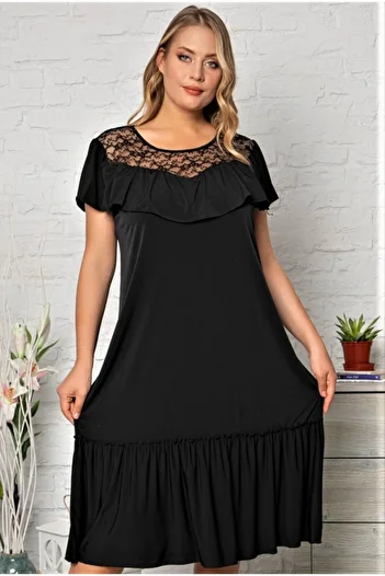 Kheos Specially Designed Short Sleeve Dress with Lace and Ruffle Detail on the Collar