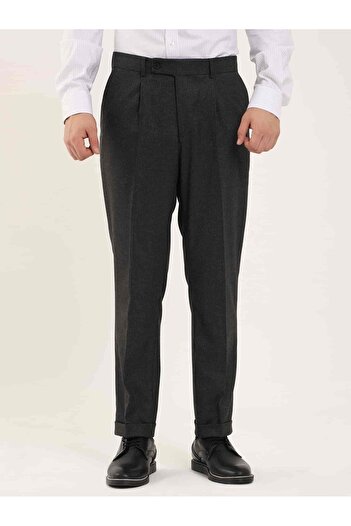 Dufy Anthracite Men's Slim Fit Herringbone Patterned Classic Trousers