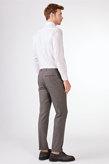 Dufy Kahverengi Erkek Slim Fit Melanj Desenli Klasik Pantolon