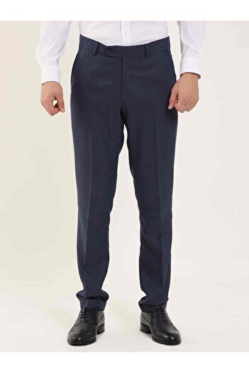 Dufy Navy Blue Men's Slim Fit Melange Patterned Classic Trousers - 97641