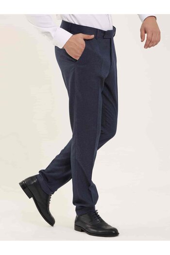 Dufy Navy Blue Men's Slim Fit Melange Patterned Classic Trousers - 97641