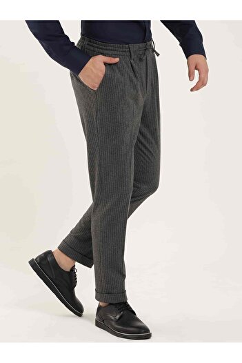 Dufy Dark Gray Men's Slim Fit Striped Classic Trousers
