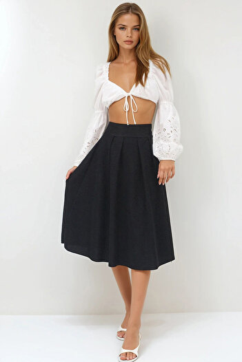 VAGGON Women's Black Elastic Waist Zipper Closure Pleated Midi Skirt Tycaae36279E8Efd1Db081700