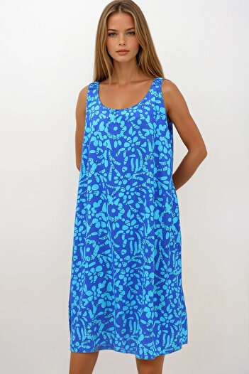 VAGGON Women's Dark Blue Elastic Shoulders Sleeveless Relaxed Cut Patterned Dress Vs00270