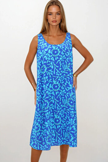 VAGGON Women's Dark Blue Elastic Shoulders Sleeveless Relaxed Cut Patterned Dress Vs00270