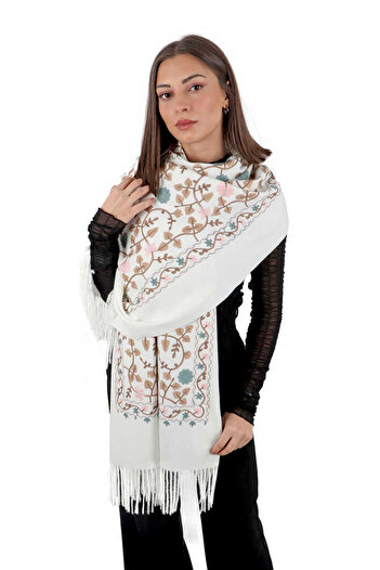 Bursa İpek Cream Embroidered Winter Shawl