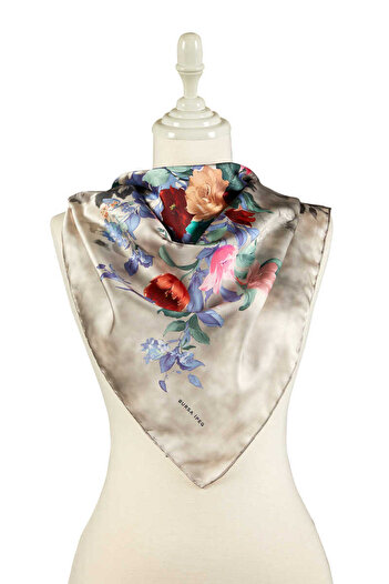 Bursa İpek Beige Bouquet Pattern Silky Scarf