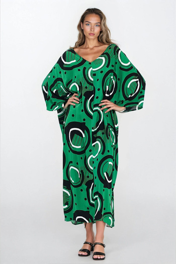 VAGGON Women's Green Maxi Size Printed Viscose Plus Size Dress Vs00298