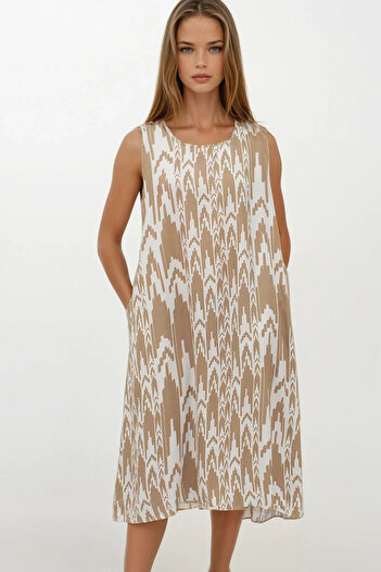 VAGGON Women's Beige Patterned Double Pocket Sleeveless Relaxed Cut Dress Vs00269