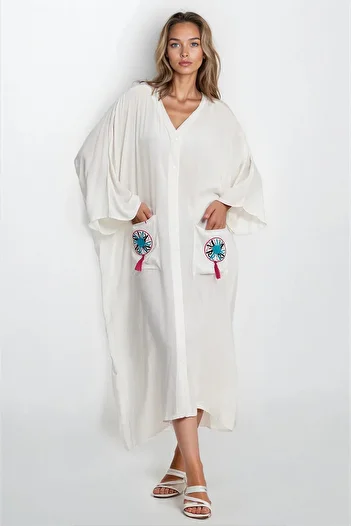 VAGGON Women's White Double Pocket Embroidered Button Plus Size Dress Vs00327