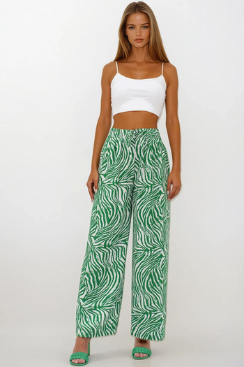 VAGGON Women's Green Elastic Waist Linen Palazzo Patterned Trousers Vs00219