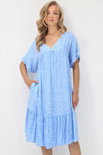 VAGGON Women's Blue V-Neck Double Sleeve Patterned Casual Cut Double Pocket Woven Viscosin Dress Prmx14196