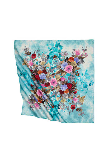 Bursa İpek Turquoise Bouquet Pattern Silky Scarf