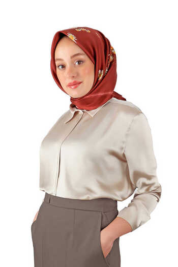 Bursa İpek Daisy Patterned Burgundy Silk Twill Scarf