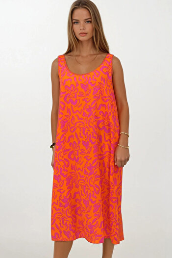 VAGGON Women's Orange Elastic Shoulders Sleeveless Relaxed Cut Patterned Dress Vs00270