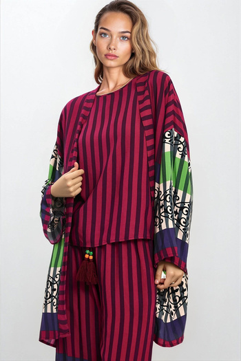 VAGGON Women's Burgundy Crew Neck Sleeveless Blouse Elastic Pants and Kimono Plus Size Suit Vs00284