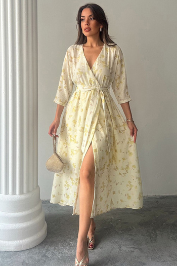 VAGGON Women's Butter Yellow Belted Elastic Waist Double Breasted Neckline Midi Length Dress Vs00171