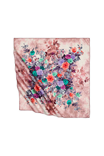 Bursa İpek Pink Bouquet Pattern Silky Scarf