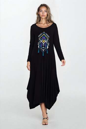 VAGGON Women's Black Asymmetrical Cut Embroidered Wide Collar Plus Size Dress Vs00346