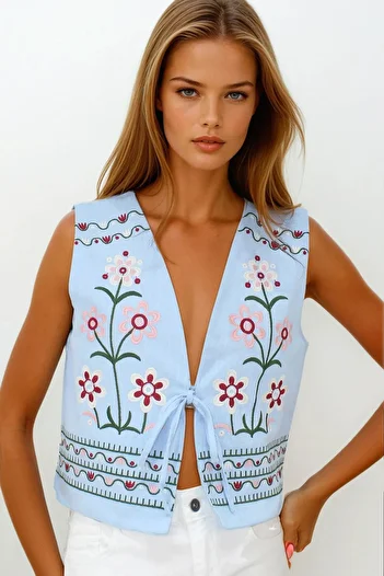 VAGGON Women's Baby Blue Embroidered Lace Detailed Design Raw Linen Vest Vs00241