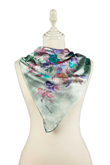 Bursa İpek Green Bouquet Pattern Silky Scarf