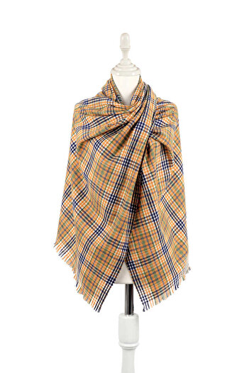 Bursa İpek Orange Navy Blue Plaid Pattern Winter Shawl