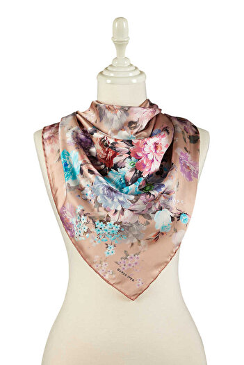 Bursa İpek Salmon Four Flower Pattern Silky Scarf