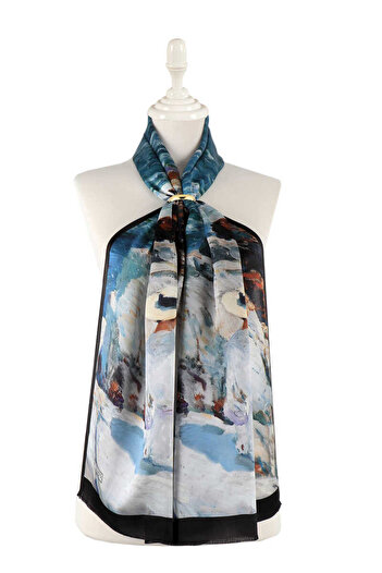 Bursa İpek Patterned Gray Silk Scarf - Women's, with Hat