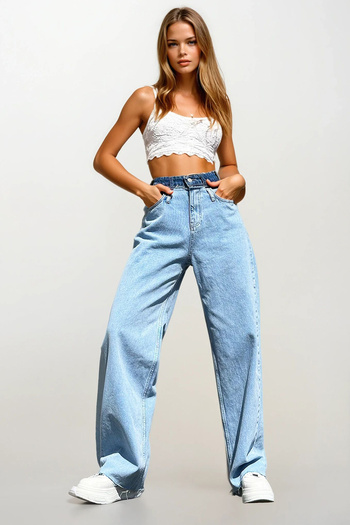 VAGGON Women's Blue Belt Degraded Snow Washed Palazzo Jean Pants Prmx12377