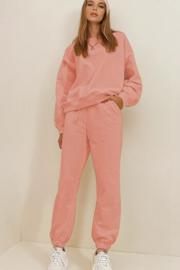 VAGGON Powder Pink Crew Neck Two Thread Basic Tracksuit Set with Elastic Waist and Legs