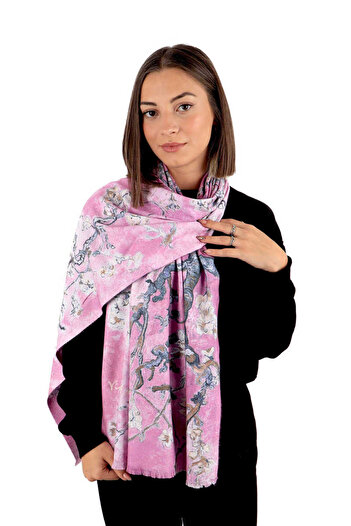 Bursa İpek Pink Almond Flower Pattern Winter Shawl
