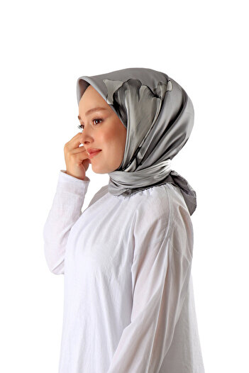 Bursa İpek Twill Patterned Gray Silk Scarf - Irises