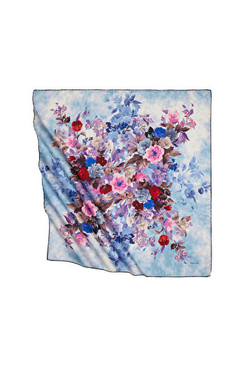 Bursa İpek Blue Bouquet Pattern Silky Scarf