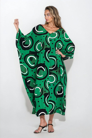 VAGGON Women's Green Maxi Size Printed Viscose Plus Size Dress Vs00298