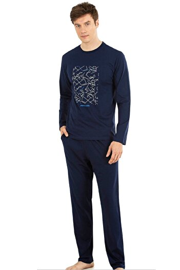 Pierre Cardin 6030 Men's Long Sleeve Pajama Set-Navy Blue