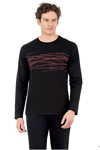 Pierre Cardin 6061 Men's Long Sleeve Crew Neck Pajama Set-Black