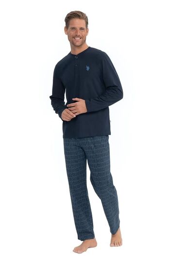 U.S. Polo Assn. U.s Polo Assn. 18853 Чоловічий піжамний комплект з довгими рукавами та коміром на ґудзиках - темно-синій