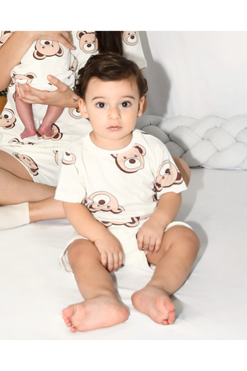 Drop Kids Children's Pajama Suit Short Shorts Milk Coffee Teddy Bear Pattern 100% Cotton
