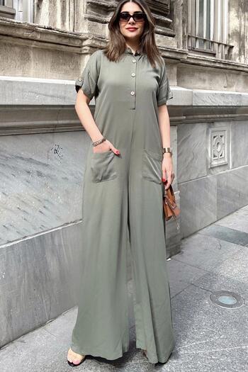NEW LAVİVA Women's Khaki High Collar, Short Sleeve, Front Pouch Pocket, Loose Fit, Belmondo Safari Jumpsuit