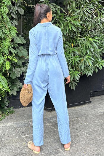NEW LAVİVA Γυναικείο μακρυμάνικο πουκάμισο Indigo με γιακά τσέπη ζώνη Airobin Safari Jumpsuit