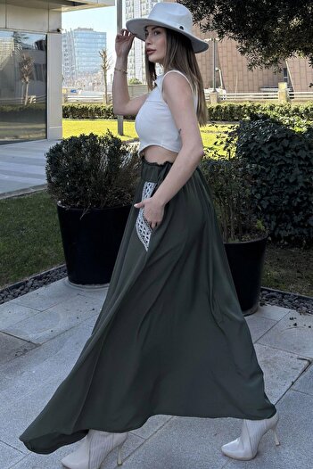 NEW LAVİVA Women's Khaki Elastic Waist, Straw Embroidered Pockets, Comfortable Fit, Long Kiloş Skirt