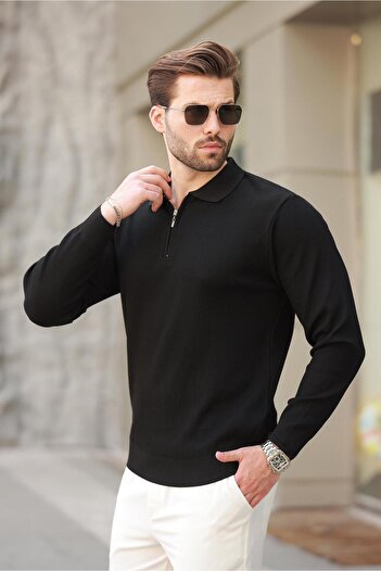 Madmext Men's Polo Collar Zippered Long Sleeve Sweater 7240