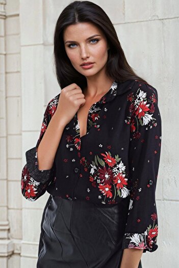 NEW LAVİVA Model floral negru, mânecă lungă, croială clasică, cămașă